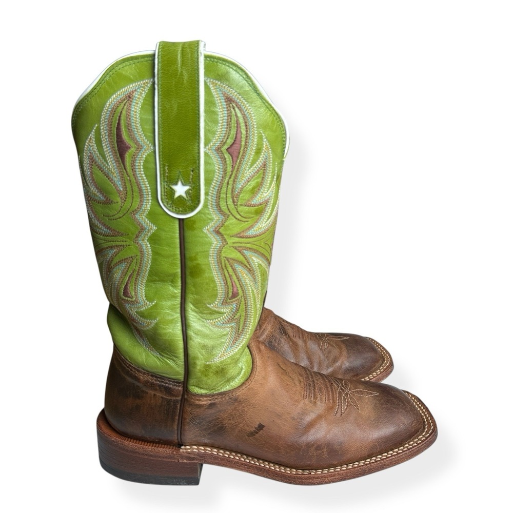 Tony Lama Men's Leather Square Toe Boots 1794-L Brown‎ Green Size 6.5 USA